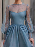 A-Line Midi Dress Sheer Organza Puff Sleeve Pearl Embellished 3