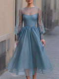 A-Line Midi Dress Sheer Organza Puff Sleeve Pearl Embellished 1
