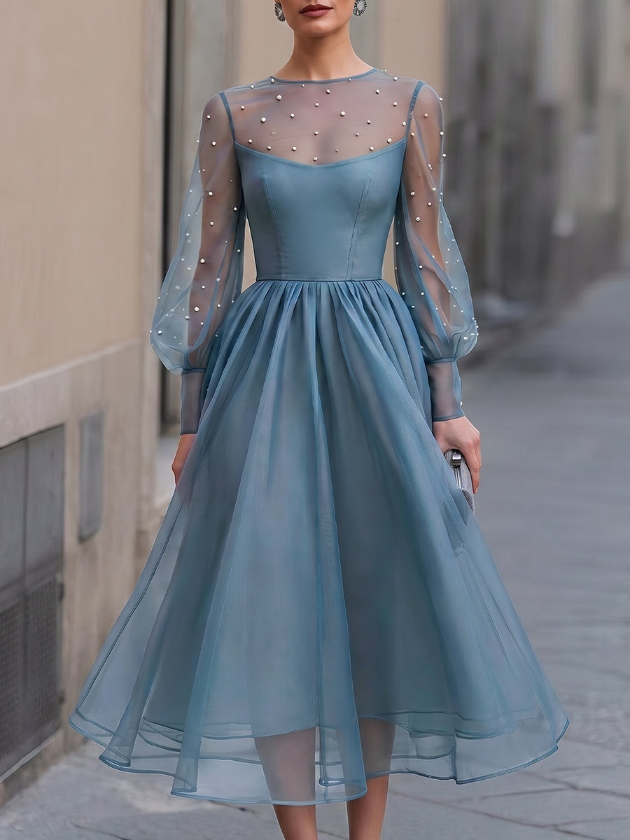 A-Line Midi Dress Sheer Organza Puff Sleeve Pearl Embellished