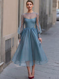 A-Line Midi Dress Sheer Organza Puff Sleeve Pearl Embellished 2