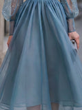 A-Line Midi Dress Sheer Organza Puff Sleeve Pearl Embellished 4