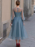 A-Line Midi Dress Sheer Organza Puff Sleeve Pearl Embellished 5