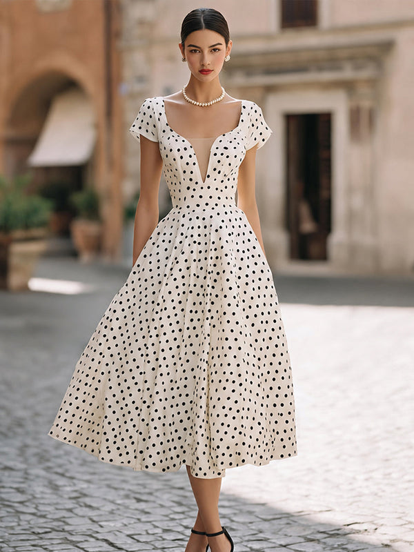 Polka Dot Fit-and-Flare Midi Dress Vintage Style