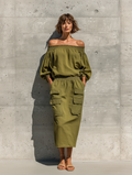 Women's Olive Green Off-Shoulder Dress Elastic Waist Utility Pockets 2