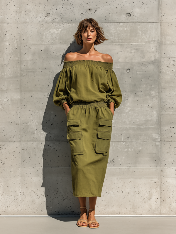 Women's Olive Green Off-Shoulder Dress Elastic Waist Utility Pockets