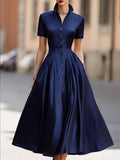 Satin A-Line Midi Dress Stand Collar Button Front 1