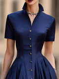Satin A-Line Midi Dress Stand Collar Button Front 2