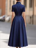 Satin A-Line Midi Dress Stand Collar Button Front 4