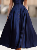 Satin A-Line Midi Dress Stand Collar Button Front 3