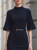Flared Sleeve Midi Dress Mock Neck Belted Fit 3