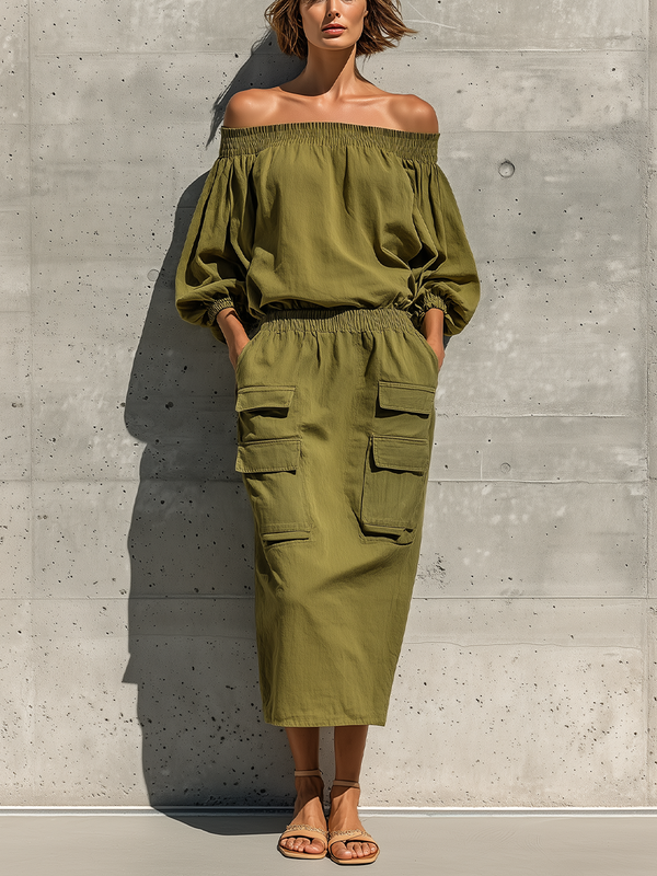 Women's Olive Green Off-Shoulder Dress Elastic Waist Utility Pockets