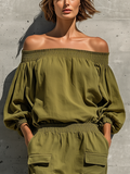 Women's Olive Green Off-Shoulder Dress Elastic Waist Utility Pockets 3