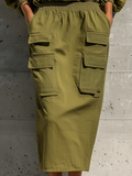 Women's Olive Green Off-Shoulder Dress Elastic Waist Utility Pockets 4