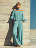 Women's Turquoise Off-Shoulder Top and Wide Leg Pants Set Flared Sleeve 2