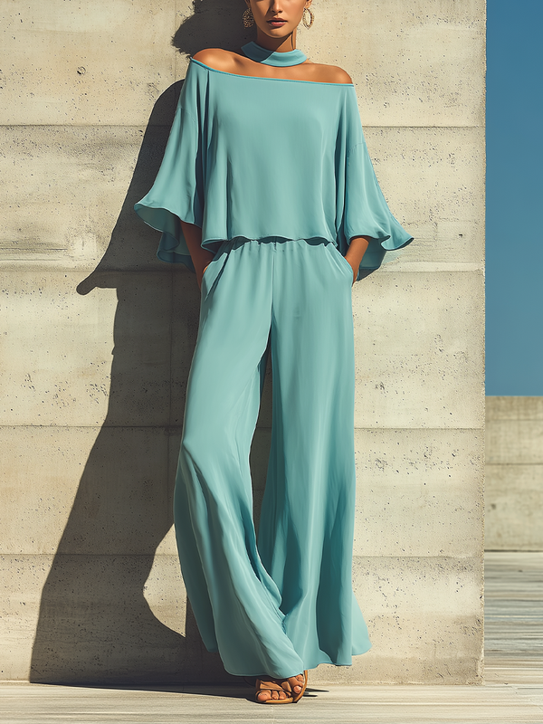 Women's Turquoise Off-Shoulder Top and Wide Leg Pants Set Flared Sleeve