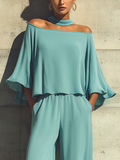 Women's Turquoise Off-Shoulder Top and Wide Leg Pants Set Flared Sleeve 3