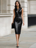 Vegan Leather Pencil Midi Dress Croc-Embossed Sleeveless Button-Front 3