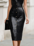 Vegan Leather Pencil Midi Dress Croc-Embossed Sleeveless Button-Front 5