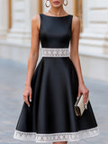 Satin Midi Dress Fit-and-Flare Lace Trim Sleeveless 1