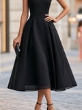 A-Line Midi Dress Lace Neck Organza Overlay 3