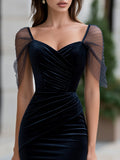 Ruched Velvet Midi Dress Sheer Sleeve Fitted 2