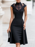 Satin Midi Dress Sleeveless High Lace Neck 1