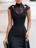 Satin Midi Dress Sleeveless High Lace Neck 2