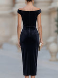 Velvet Midi Dress Off-Shoulder Ruched Fitted 4