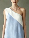 Women's Light Blue White Color Block Midi Dress One-Shoulder Asymmetric Flounce Hem 3