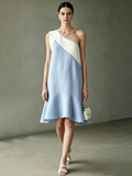 Women's Light Blue White Color Block Midi Dress One-Shoulder Asymmetric Flounce Hem 2