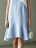 Women's Light Blue White Color Block Midi Dress One-Shoulder Asymmetric Flounce Hem 4