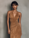 Women's Faux Suede Halter Midi Dress V-Neck Waist Ruching 2
