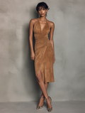 Women's Faux Suede Halter Midi Dress V-Neck Waist Ruching 4