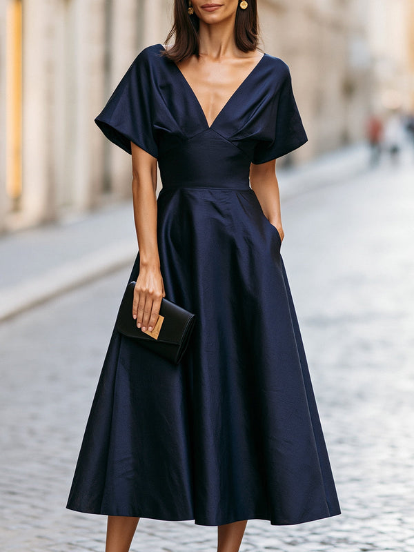 A-Line Midi Dress V-Neck Flutter Sleeve