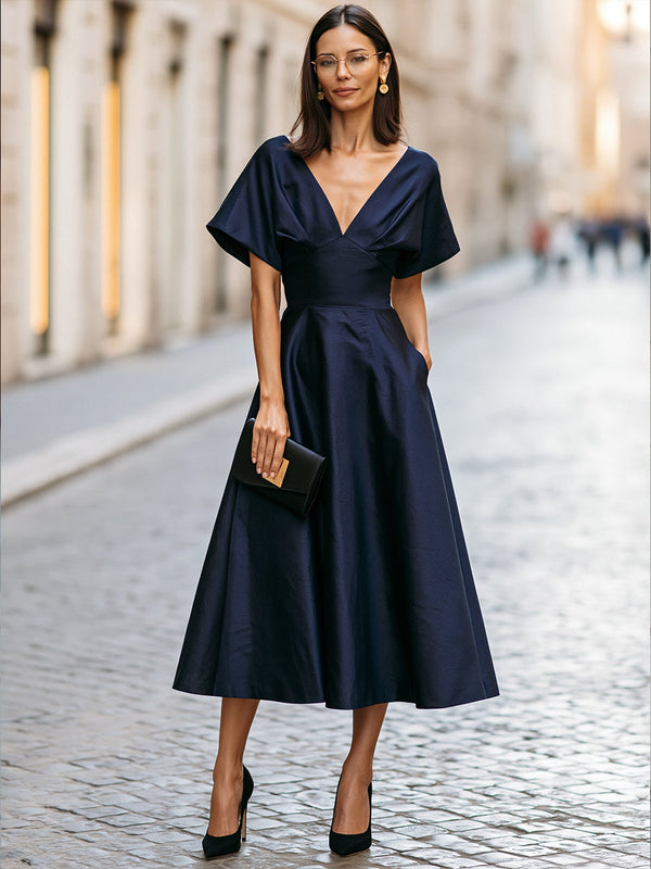 A-Line Midi Dress V-Neck Flutter Sleeve