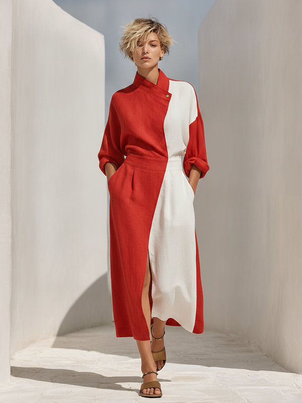 Women's Red White Color-Block Linen Midi Dress Wrap Collar