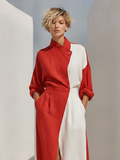 Women's Red White Color-Block Linen Midi Dress Wrap Collar 3