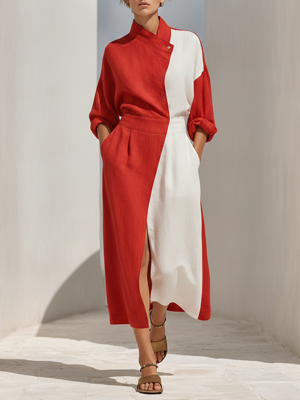 Women's Red White Color-Block Linen Midi Dress Wrap Collar