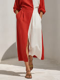 Women's Red White Color-Block Linen Midi Dress Wrap Collar 4