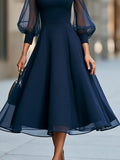 Flared Midi Dress Keyhole Neck Sheer Puff Sleeve 4