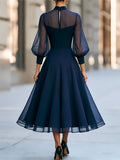 Flared Midi Dress Keyhole Neck Sheer Puff Sleeve 2