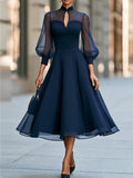 Flared Midi Dress Keyhole Neck Sheer Puff Sleeve 1