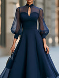Flared Midi Dress Keyhole Neck Sheer Puff Sleeve 3