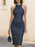 Sheath Midi Dress Pinstripe Halter Neck Fitted 1