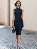 Fitted Sheath Midi Dress Sleeveless High Neck 2