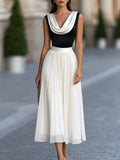 Pleated Midi Dress Color-Block Cowl Neck 1