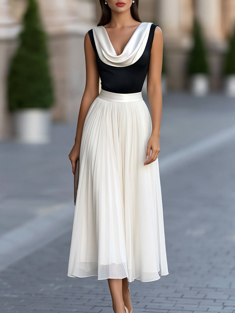 Pleated Midi Dress Color-Block Cowl Neck