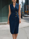Denim Midi Dress Sleeveless Double-Breasted Notch Lapel 1
