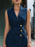 Denim Midi Dress Sleeveless Double-Breasted Notch Lapel 3