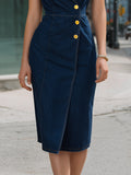 Denim Midi Dress Sleeveless Double-Breasted Notch Lapel 4